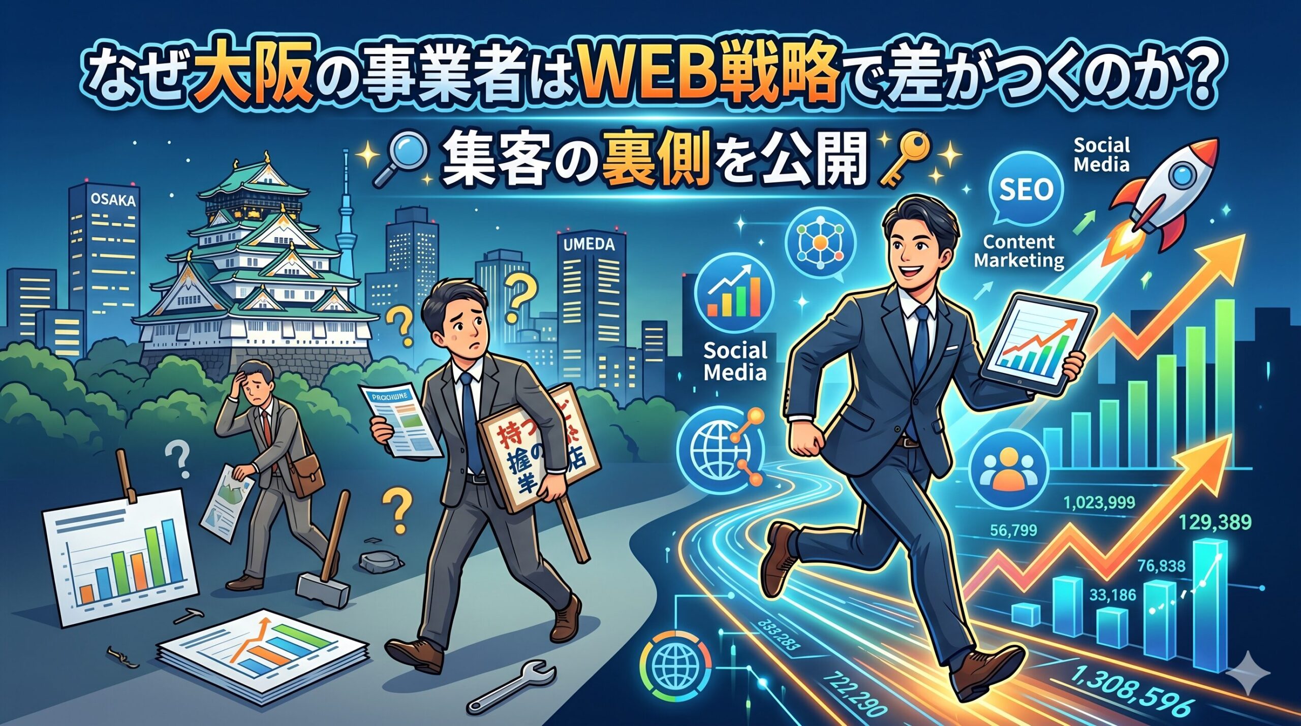 大阪の事業者向けWEB戦略と集客改善をテーマに、SEO・SNS・コンテンツマーケティングによる売上向上をイメージしたアイキャッチ画像