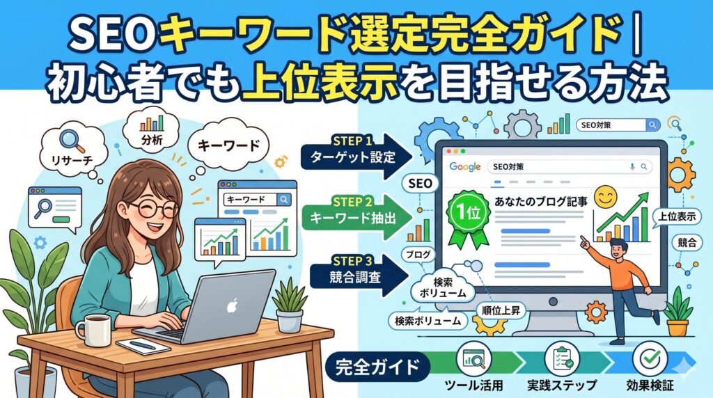 SEOキーワード選定の手順を解説するイラスト。リサーチ・分析・キーワード抽出・競合調査を経て、検索順位1位を目指すSEO対策の流れを初心者向けに紹介している。