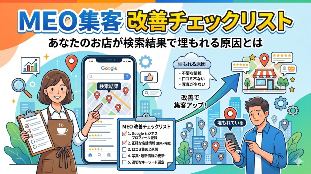 MEO集客の改善チェックリストと、検索結果でお店が埋もれる原因を解説したブログ記事のアイキャッチ画像