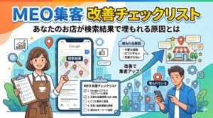 MEO集客の改善チェックリストと、検索結果でお店が埋もれる原因を解説したブログ記事のアイキャッチ画像