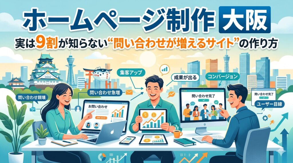 大阪の街並みを背景に、ホームページ制作で問い合わせを増やす方法を解説したブログ記事のアイキャッチ画像