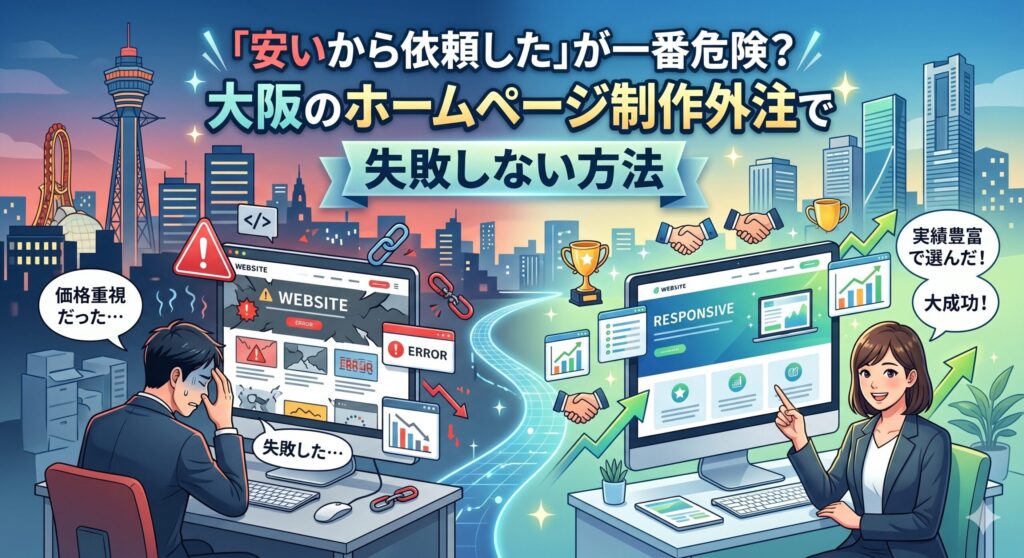 大阪の街を背景に、価格重視でホームページ制作を外注し失敗して頭を抱える男性と、実績重視で依頼して成功し笑顔を見せる女性を対比させたイラスト