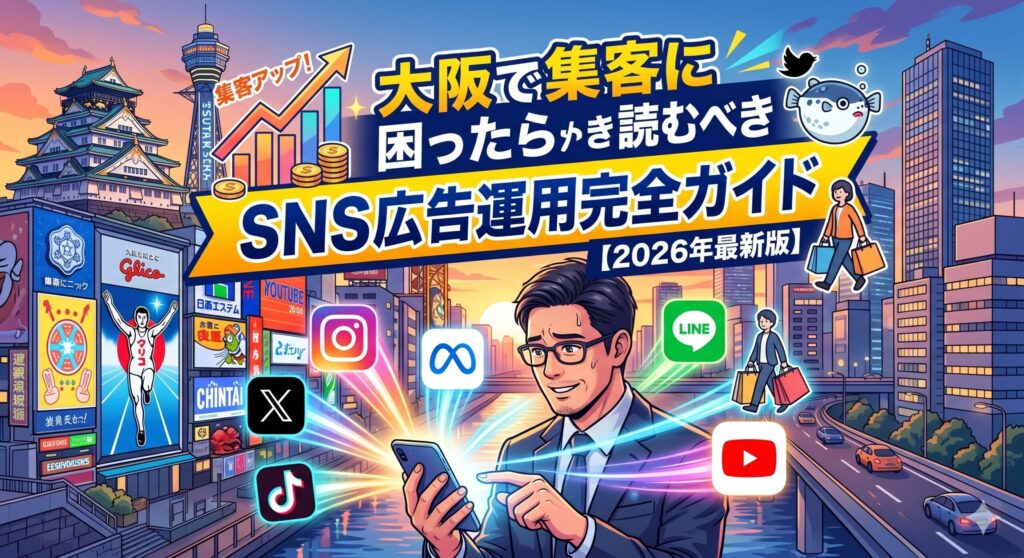 大阪の街並み（大阪城や道頓堀など）を背景に、スマートフォンから各種SNSアイコンが飛び出し、SNS広告運用による集客を表現したイラスト