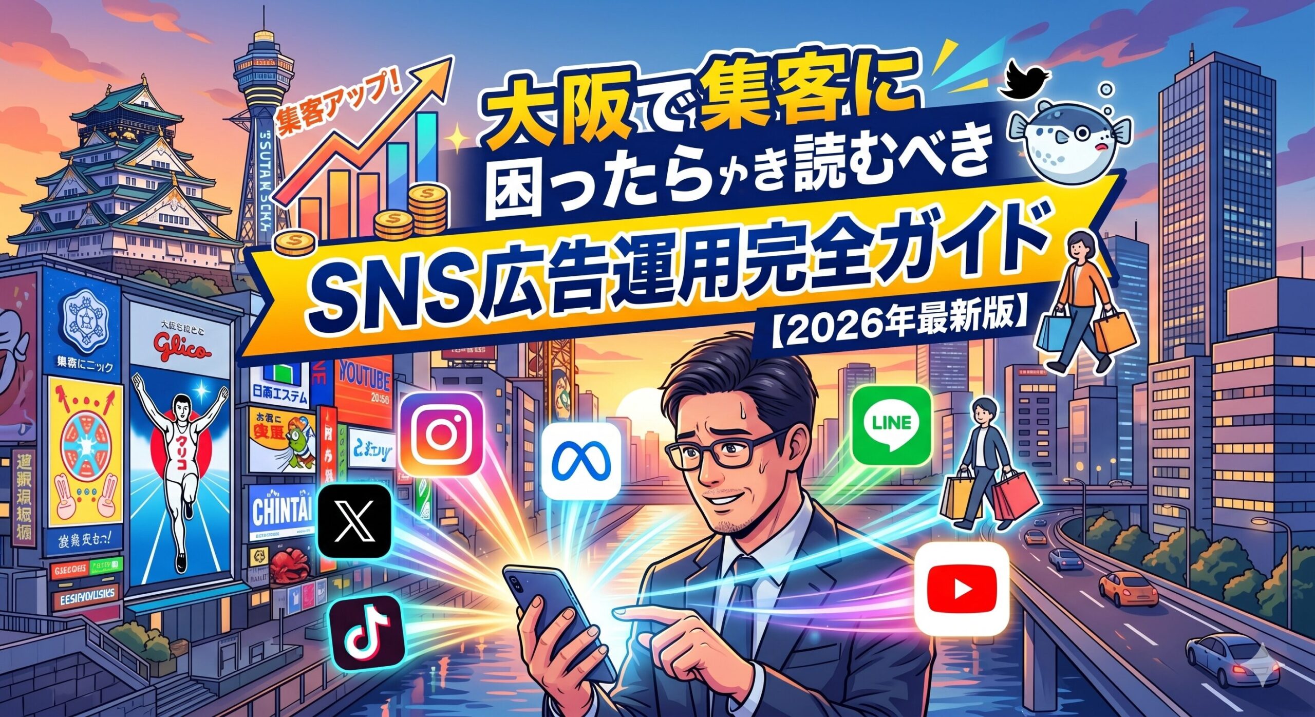 大阪の街並み（大阪城や道頓堀など）を背景に、スマートフォンから各種SNSアイコンが飛び出し、SNS広告運用による集客を表現したイラスト