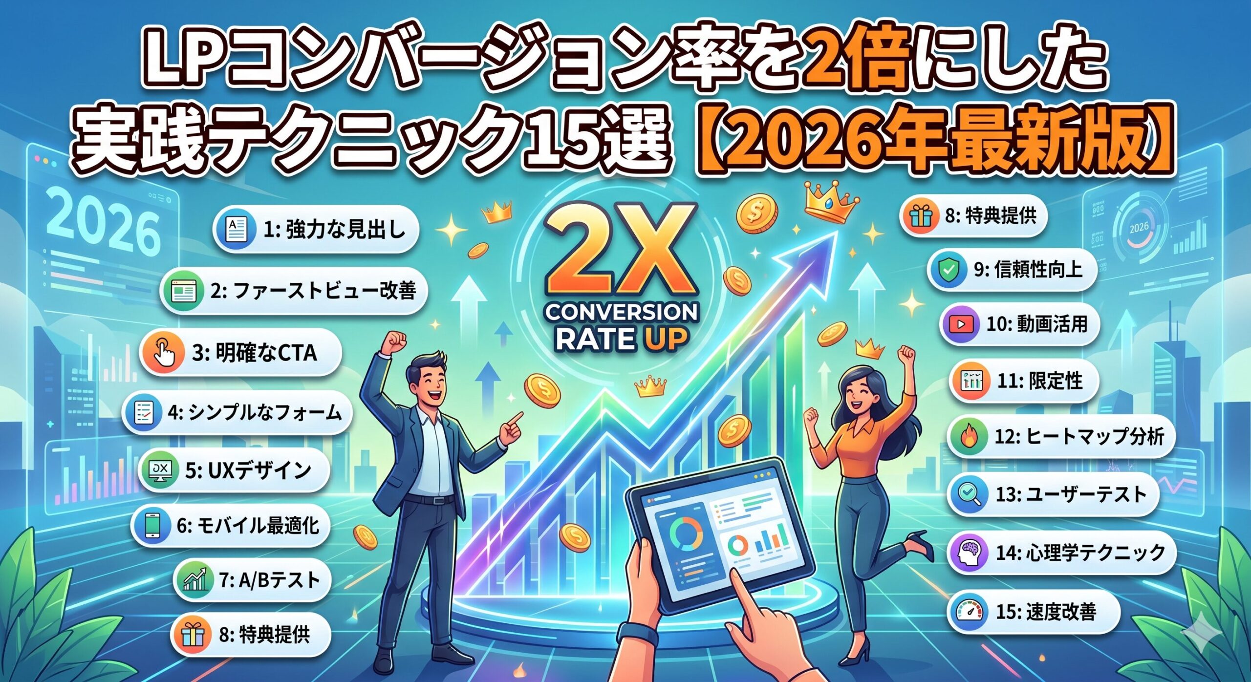 LPコンバージョン率を2倍にする15の実践テクニック（2026年最新版）を解説したブログ記事のアイキャッチ画像