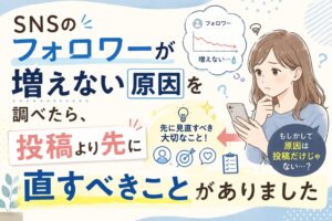 SNSのフォロワーが増えず悩む女性がスマートフォンを見ながら原因を考えているイラスト。フォロワーが増えない原因を調べた結果、投稿内容より前に見直すべきポイントがあることを伝えるアイキャッチ画像。