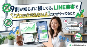 「9割が知らずに損してる。LINE集客でブロックされない人だけがやってること」というタイトルの記事アイキャッチ。アニメ調の女性がスマートフォンを持ち、LINEでの集客成功やブロック率改善をイメージさせるグラフが表示されている。