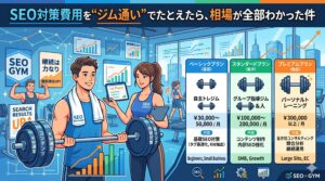 「SEO対策費用を"ジム通い"でたとえたら、相場が全部わかった件」というタイトルと、ジムでトレーニングをする男女、およびSEO対策の費用相場を「自主トレジム」「グループ指導」「パーソナルトレーニング」の3プランに例えた料金表のイラスト