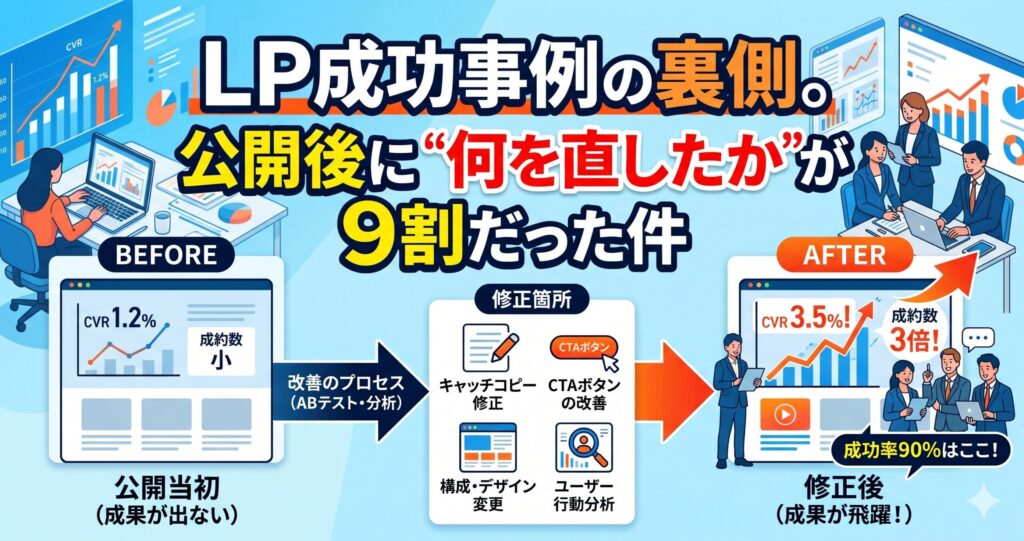 「LP成功事例の裏側。公開後に“何を直したか”が9割だった件」のアイキャッチ画像。LP公開当初のBEFOREから、キャッチコピーやCTAなどの修正を経て、CVRが向上するAFTERまでの改善プロセスを図解しています。