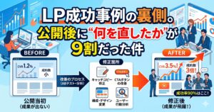 「LP成功事例の裏側。公開後に“何を直したか”が9割だった件」のアイキャッチ画像。LP公開当初のBEFOREから、キャッチコピーやCTAなどの修正を経て、CVRが向上するAFTERまでの改善プロセスを図解しています。