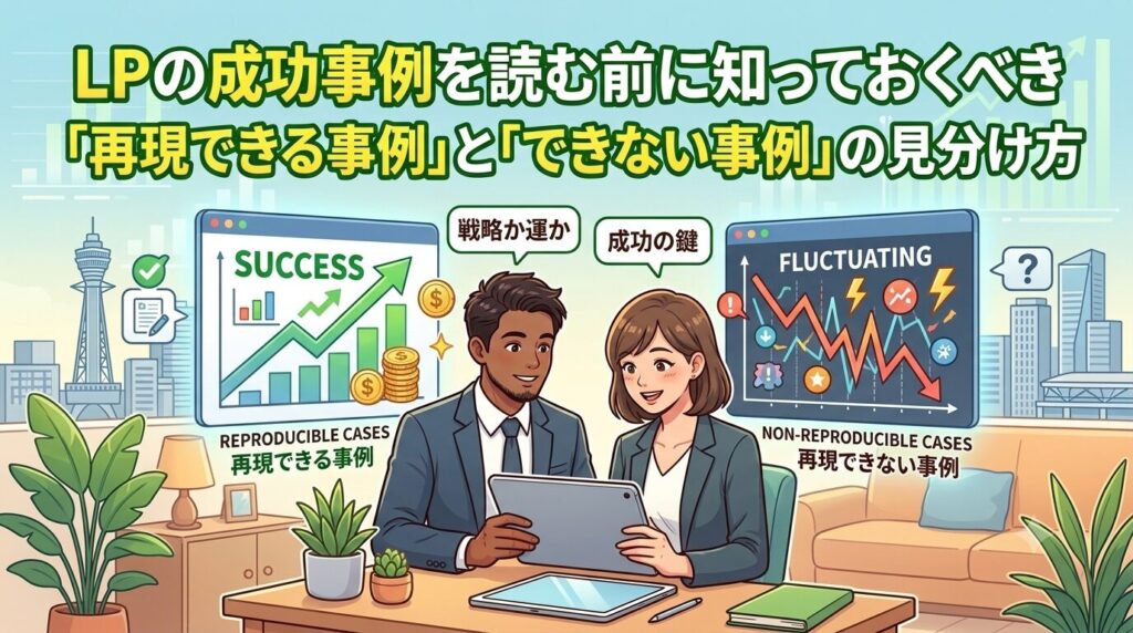 LPの成功事例において、「再現できる事例」と「再現できない事例」を見分ける重要性を解説した記事のアイキャッチ画像。データを見比べる男女のビジネスパーソンと、それぞれの事例を分類するグラフのイラスト。