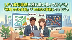 LPの成功事例において、「再現できる事例」と「再現できない事例」を見分ける重要性を解説した記事のアイキャッチ画像。データを見比べる男女のビジネスパーソンと、それぞれの事例を分類するグラフのイラスト。