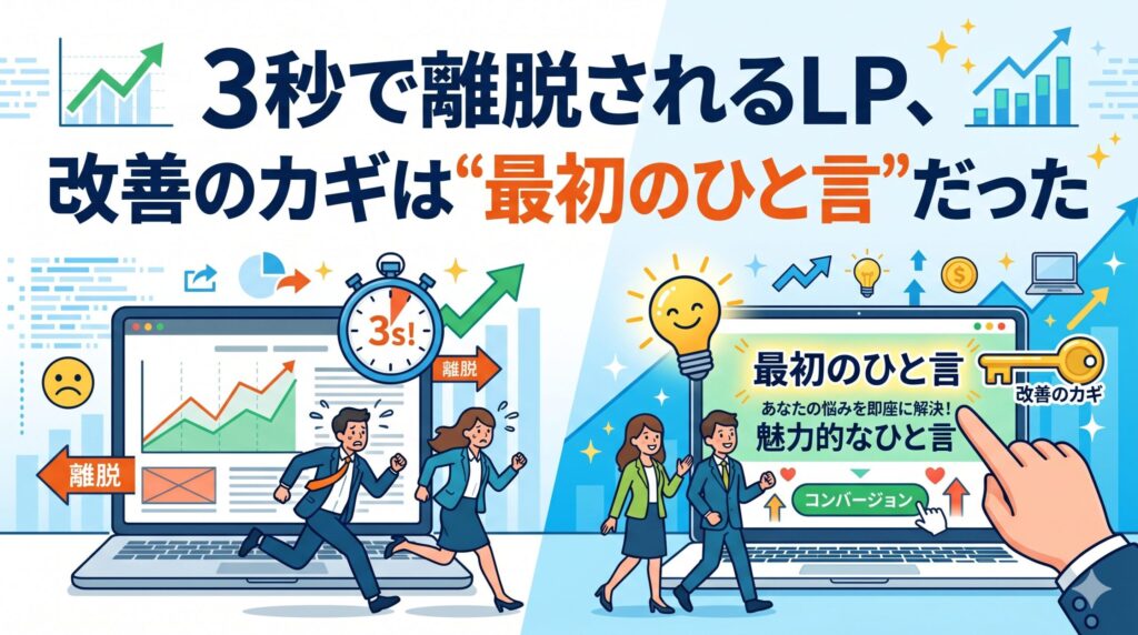 「3秒で離脱されるLP、改善のカギは"最初のひと言"だった」というテキストと、LPから離脱してしまう人と、魅力的な言葉に惹かれてコンバージョンに向かう人の対比を描いたイラスト