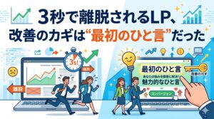 「3秒で離脱されるLP、改善のカギは"最初のひと言"だった」というテキストと、LPから離脱してしまう人と、魅力的な言葉に惹かれてコンバージョンに向かう人の対比を描いたイラスト