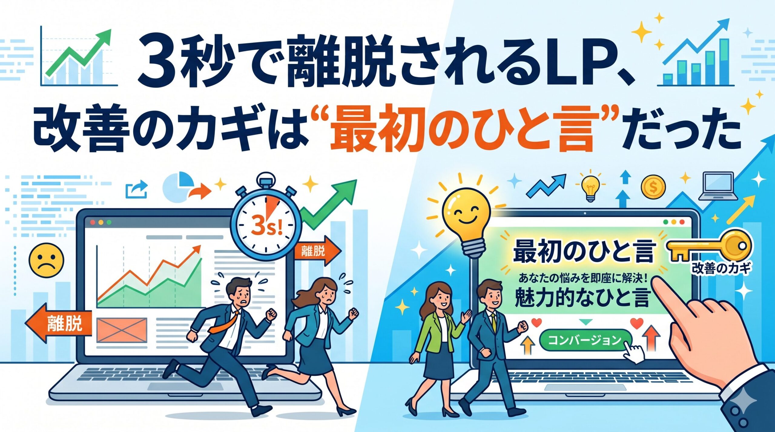 「3秒で離脱されるLP、改善のカギは"最初のひと言"だった」というテキストと、LPから離脱してしまう人と、魅力的な言葉に惹かれてコンバージョンに向かう人の対比を描いたイラスト