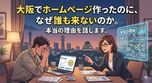 大阪の街並みを背景に、ホームページのアクセス数に悩む男性と、改善策（SEO、ターゲット設定など）を提案するコンサルタント女性のイラスト