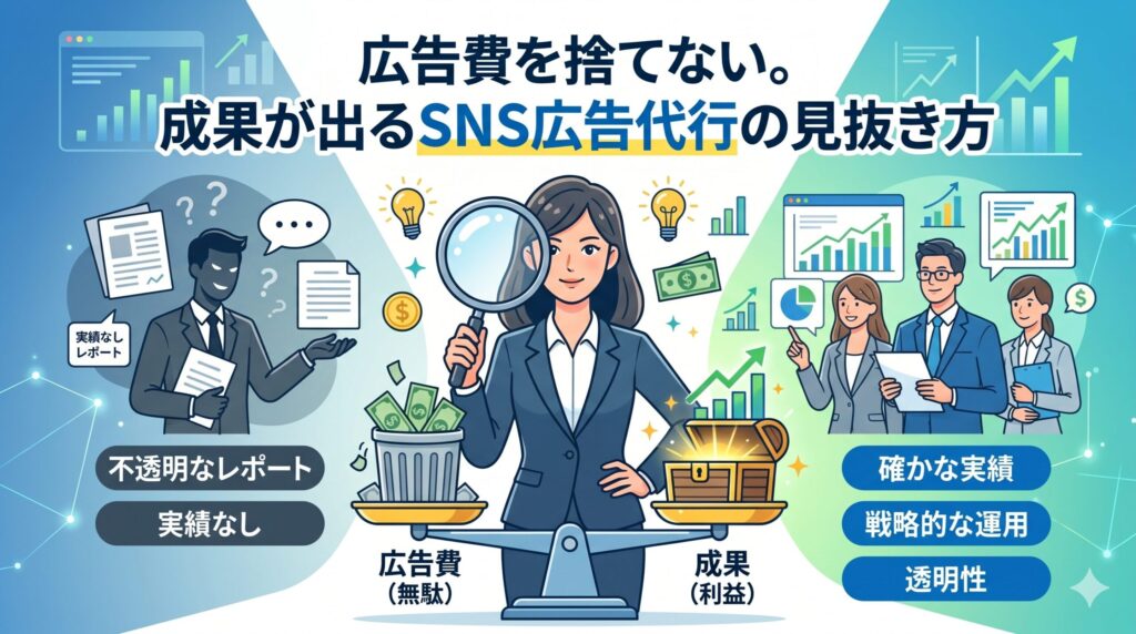 中央にルーペを持つ女性が立ち、左側に「不透明なレポート」「実績なし」の悪いSNS広告代行、右側に「確かな実績」「戦略的な運用」「透明性」のある良いSNS広告代行を天秤で比較しているイラスト。「広告費を捨てない。成果が出るSNS広告代行の見抜き方」のアイキャッチ画像。