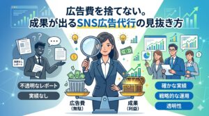 中央にルーペを持つ女性が立ち、左側に「不透明なレポート」「実績なし」の悪いSNS広告代行、右側に「確かな実績」「戦略的な運用」「透明性」のある良いSNS広告代行を天秤で比較しているイラスト。「広告費を捨てない。成果が出るSNS広告代行の見抜き方」のアイキャッチ画像。