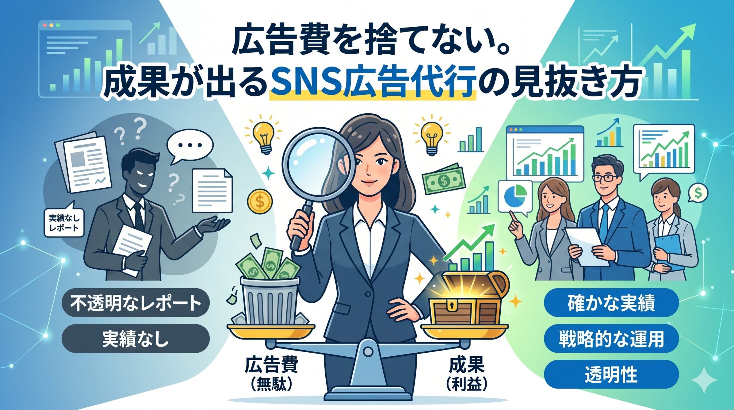 中央にルーペを持つ女性が立ち、左側に「不透明なレポート」「実績なし」の悪いSNS広告代行、右側に「確かな実績」「戦略的な運用」「透明性」のある良いSNS広告代行を天秤で比較しているイラスト。「広告費を捨てない。成果が出るSNS広告代行の見抜き方」のアイキャッチ画像。