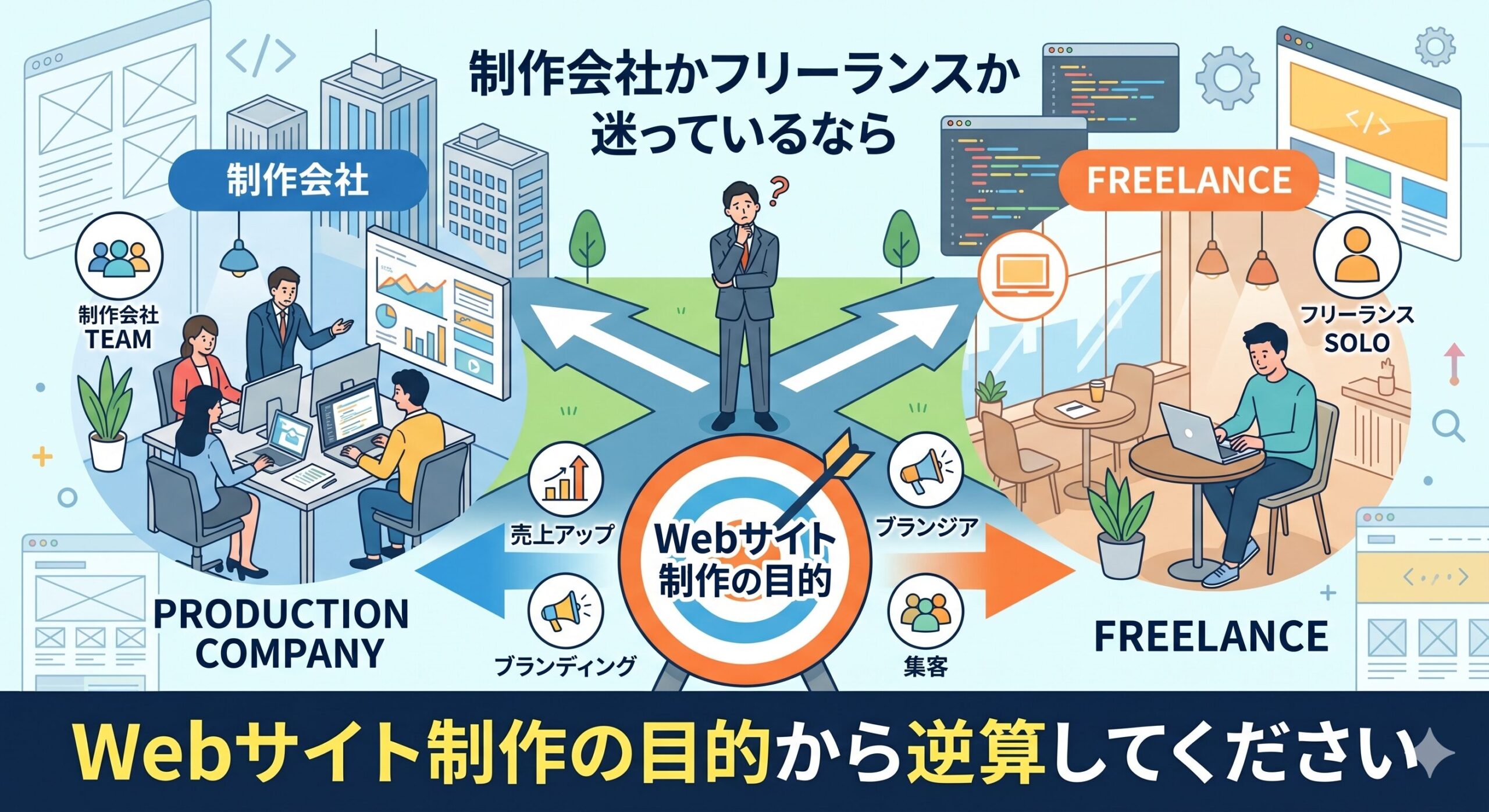 「制作会社かフリーランスか迷っているなら、Webサイト制作の目的から逆算してください」というタイトル文字と、依頼先選びに悩む担当者のイラスト。左側にはチームで連携する「制作会社」、右側には個人で働く「フリーランス」が描かれ、中央下部には「Webサイト制作の目的（売上アップ、集客など）」を示す的が配置されています。