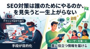 中央で分かれた対比イラスト。左側は目隠しをされた男性が複雑なデータに絡まり、テクニックばかりを追って「Search Failed」の結果を招く様子。右側は笑顔の男性がユーザー第一に考え、役に立つコンテンツを提供して「Useful Content」のチャートが上昇する成功の様子。メインタイトルは「SEO対策は誰のためにやるのか、を見失うと一生上がらない」。
