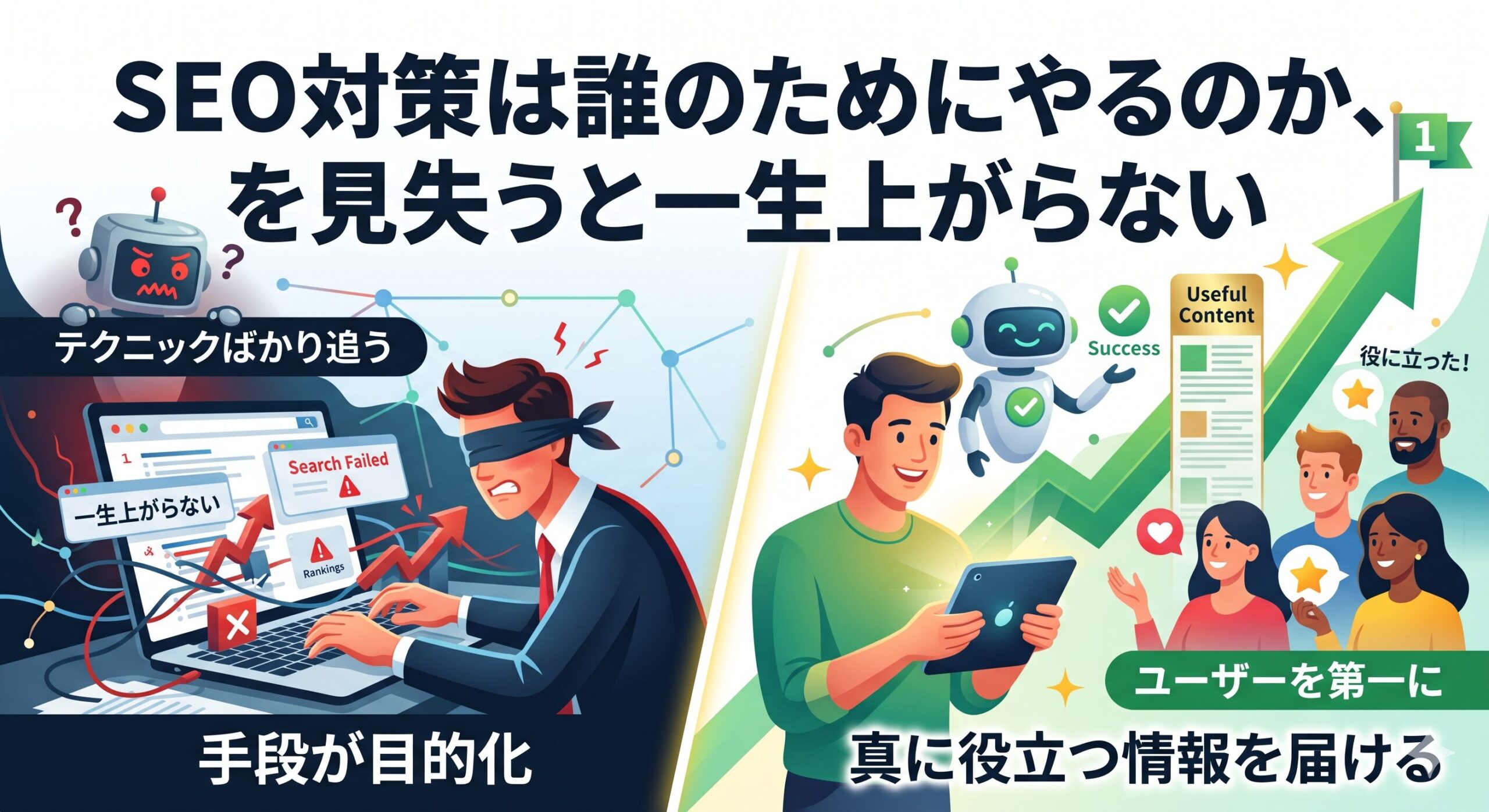 中央で分かれた対比イラスト。左側は目隠しをされた男性が複雑なデータに絡まり、テクニックばかりを追って「Search Failed」の結果を招く様子。右側は笑顔の男性がユーザー第一に考え、役に立つコンテンツを提供して「Useful Content」のチャートが上昇する成功の様子。メインタイトルは「SEO対策は誰のためにやるのか、を見失うと一生上がらない」。