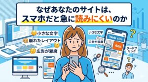「なぜあなたのサイトは、スマホだと急に読みにくいのか」というタイトルのアイキャッチ画像。スマホ画面の見づらさに困惑する女性を中心に、小さな文字、崩れたレイアウト、邪魔な広告といったスマホサイトの課題がイラストで表現されています。