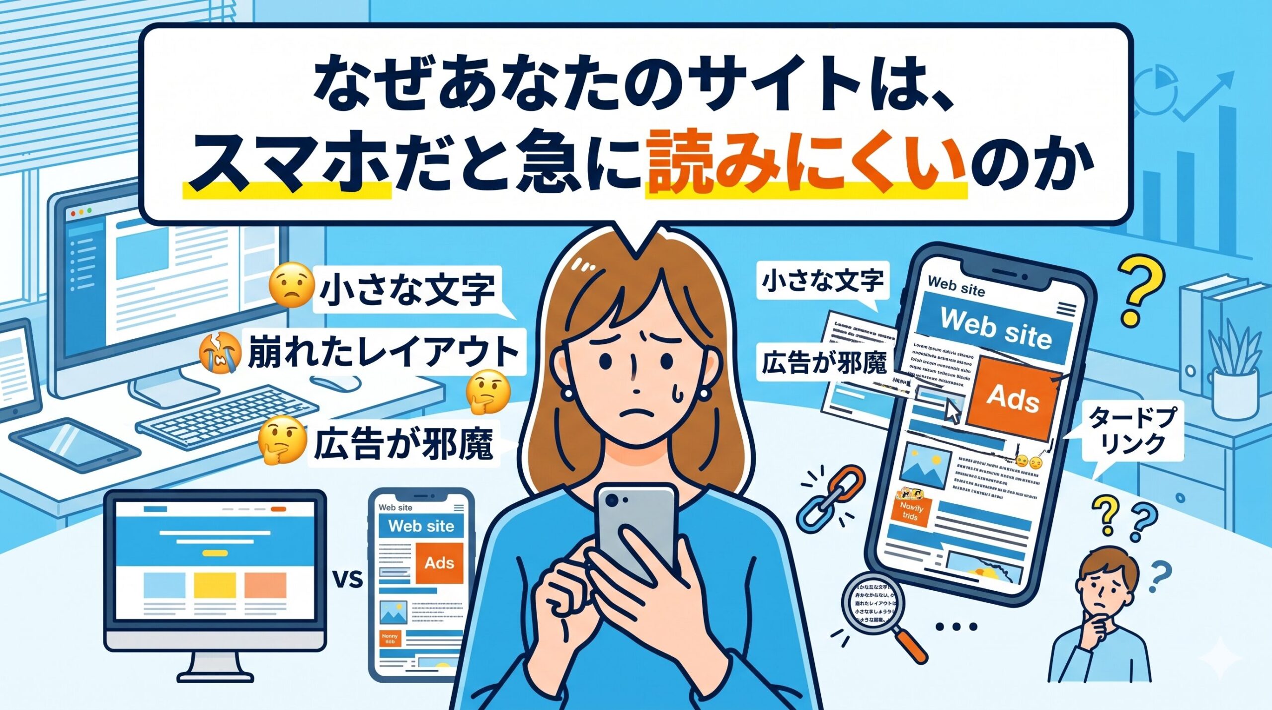 「なぜあなたのサイトは、スマホだと急に読みにくいのか」というタイトルのアイキャッチ画像。スマホ画面の見づらさに困惑する女性を中心に、小さな文字、崩れたレイアウト、邪魔な広告といったスマホサイトの課題がイラストで表現されています。