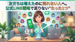 「友だちは増えたのに売れない人へ。公式LINE戦略で足りない"たった1つ"」というテキストと、友だち数が5000人以上いるのに売上が0円であることを示すイラスト、そして解決の「鍵」となる光るパズルピースが描かれたアイキャッチ画像。