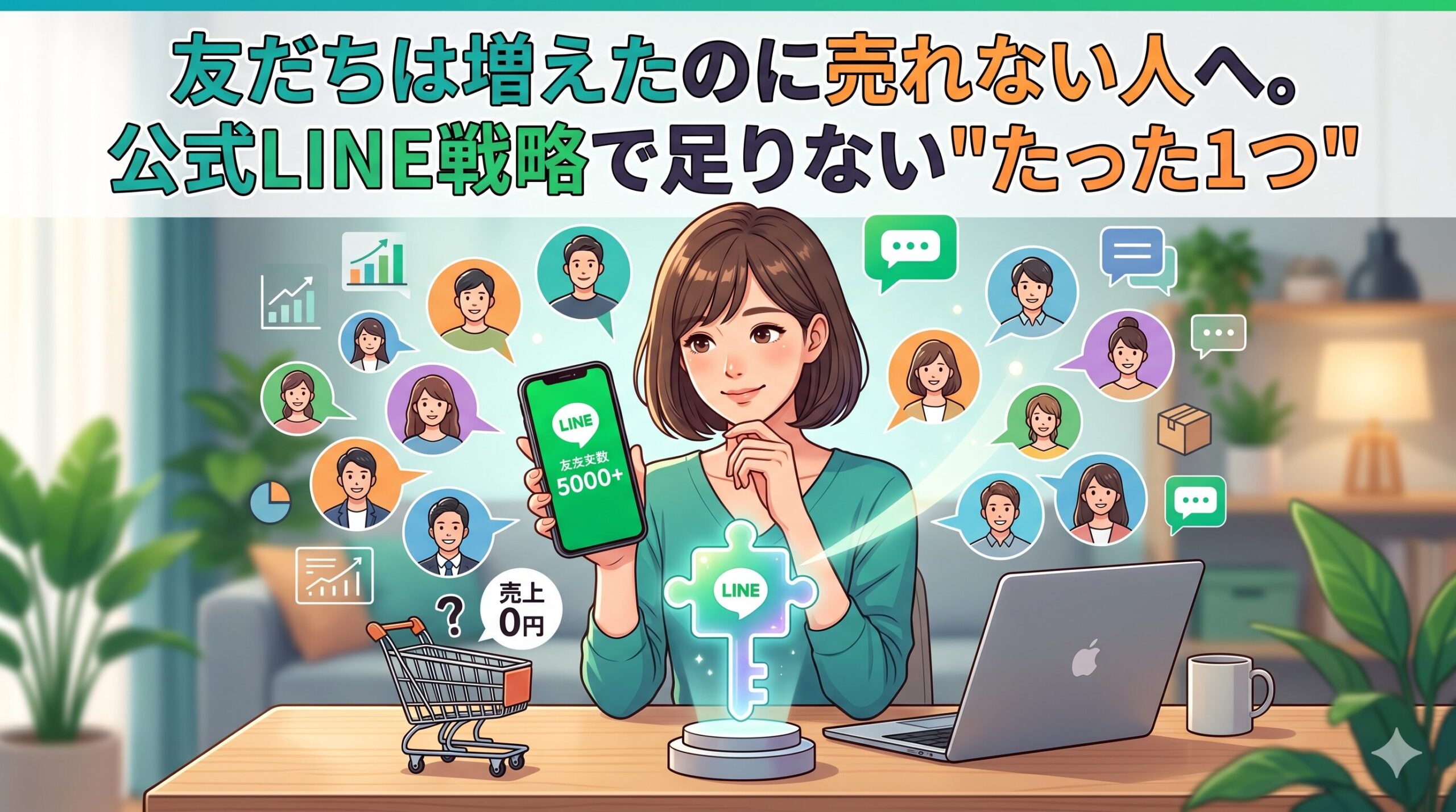 「友だちは増えたのに売れない人へ。公式LINE戦略で足りない"たった1つ"」というテキストと、友だち数が5000人以上いるのに売上が0円であることを示すイラスト、そして解決の「鍵」となる光るパズルピースが描かれたアイキャッチ画像。
