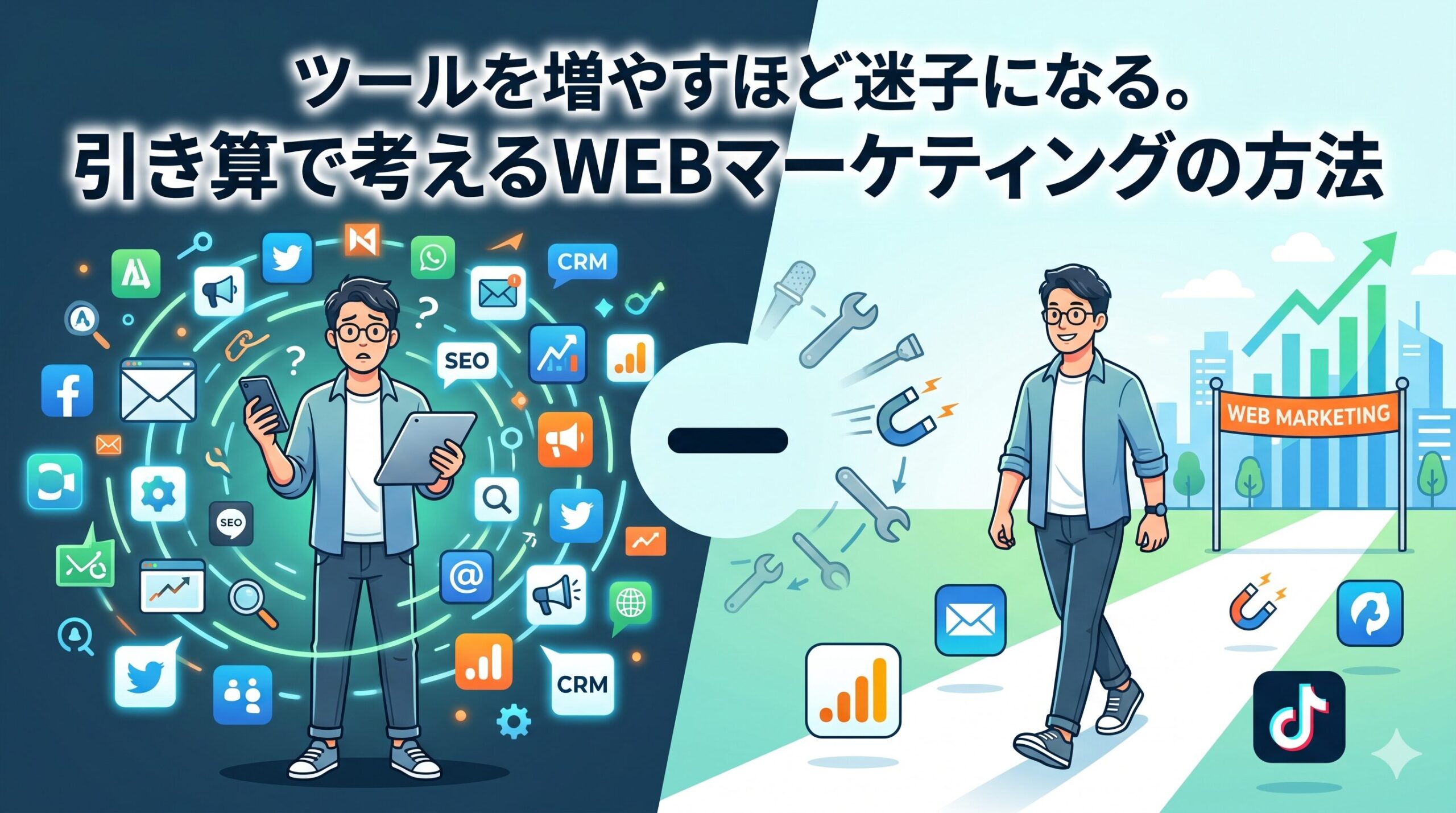 「ツールを増やすほど迷子になる。引き算で考えるWEBマーケティングの方法」というテキストが配置されたアイキャッチ画像。左側には大量のツールに囲まれて困惑する男性、右側には引き算思考でツールを絞り込み、迷いなく成功へ向かって歩く男性が対比して描かれています。