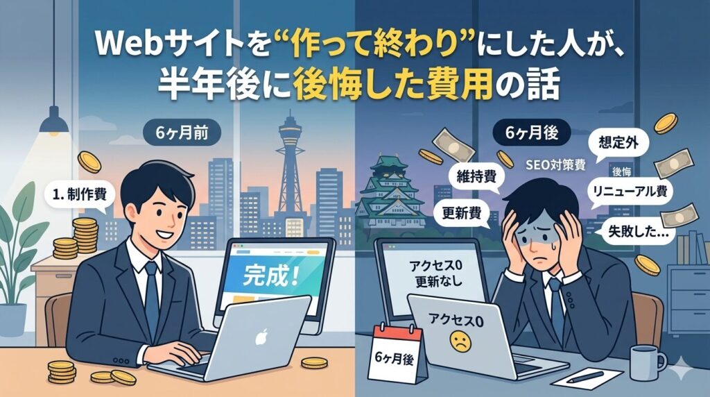 Webサイトを制作して喜ぶ6ヶ月前と、アクセスがなく更新もできず、費用やリニューアル代に頭を抱える6ヶ月後の対比を描いたアイキャッチ画像