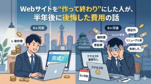 Webサイトを制作して喜ぶ6ヶ月前と、アクセスがなく更新もできず、費用やリニューアル代に頭を抱える6ヶ月後の対比を描いたアイキャッチ画像