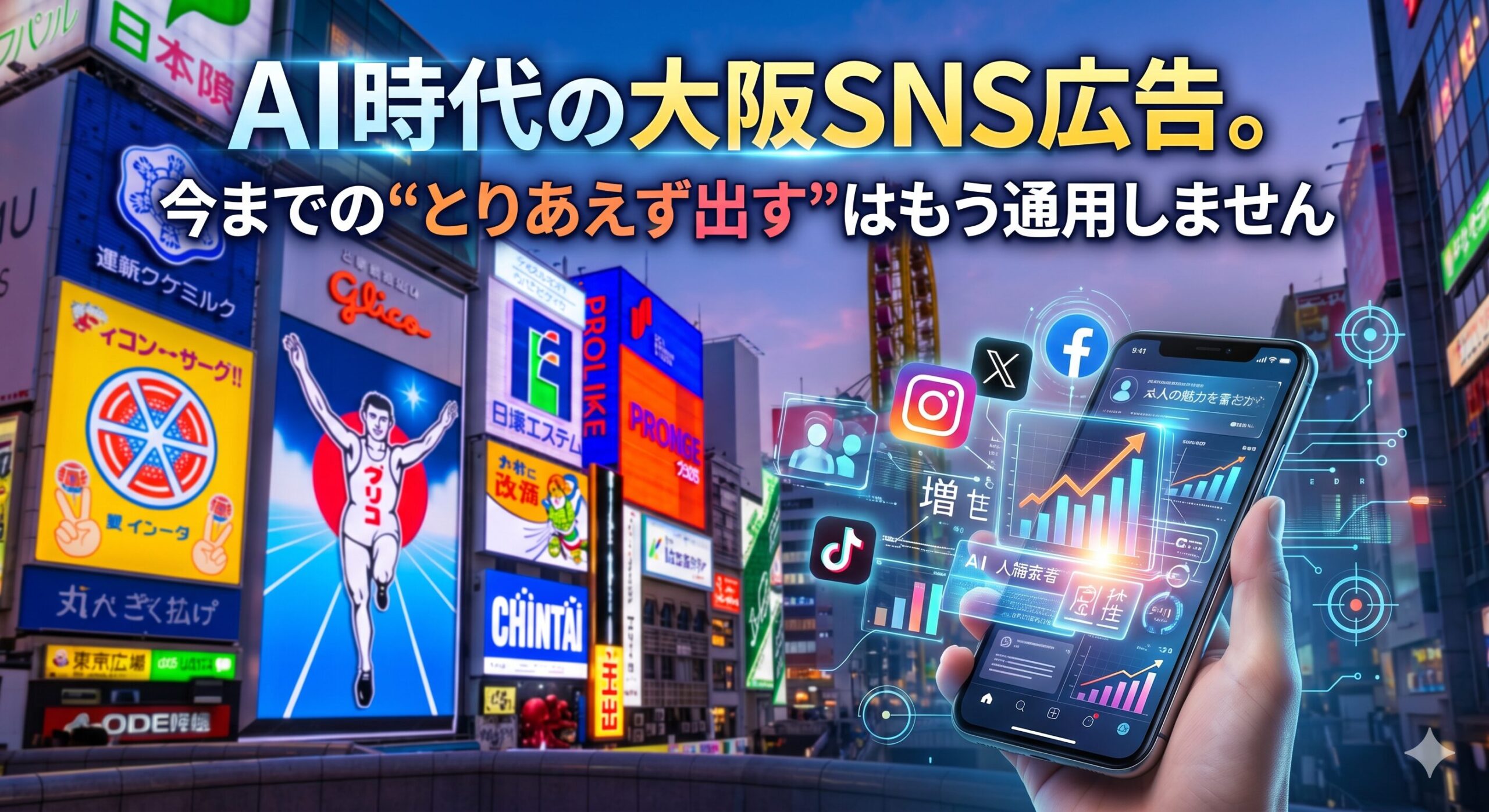 「AI時代の大阪SNS広告。今までの"とりあえず出す"はもう通用しません」というテキストが配置された、大阪・道頓堀の風景と、データ分析画面やSNSアイコンが浮かび上がるスマートフォンを持つ手の画像。