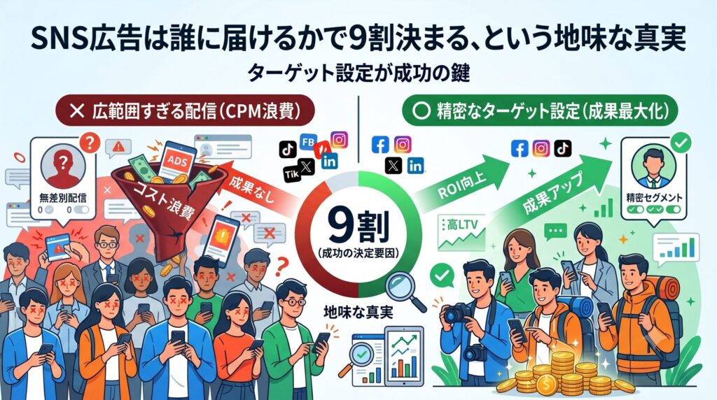 大阪のランドマーク（通天閣、大阪城）のシルエットを背景にしたブログアイキャッチ画像。上部には「大阪でWEB集客がうまい人は、何を"していない"のか」というタイトルと、大きな❌マークの中に「いない」という文字が強調されています。その下には、自信満々にパソコンを操作する男性のイラストがあり、成功しない人がやりがちな3つの「していない」行動（SEOだけを狙う、広告だけ出す、HPだけ作る）が禁止マーク付きで示されています。