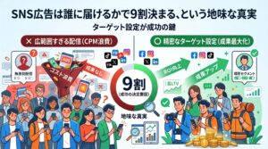 大阪のランドマーク（通天閣、大阪城）のシルエットを背景にしたブログアイキャッチ画像。上部には「大阪でWEB集客がうまい人は、何を"していない"のか」というタイトルと、大きな❌マークの中に「いない」という文字が強調されています。その下には、自信満々にパソコンを操作する男性のイラストがあり、成功しない人がやりがちな3つの「していない」行動（SEOだけを狙う、広告だけ出す、HPだけ作る）が禁止マーク付きで示されています。