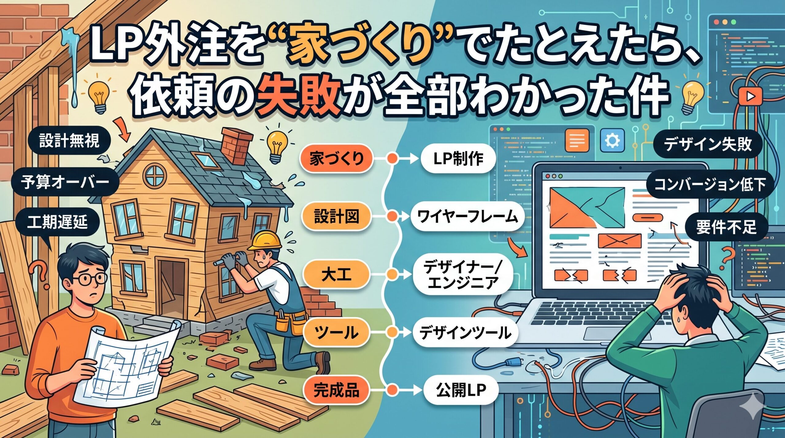 「LP外注を“家づくり”でたとえたら、依頼の失敗が全部わかった件」というタイトルが上部にある、家づくりとLP制作の比較イラスト。左側は建設トラブル（設計無視、予算オーバー、工期遅延）、右側はLP制作トラブル（デザイン失敗、コンバージョン低下、要件不足）を描写。中央でそれぞれの要素（設計図とワイヤーフレーム、大工とデザイナーなど）を比較している。