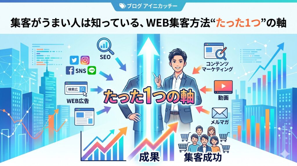 「集客がうまい人は知っている、WEB集客方法"たった1つ"の軸」と書かれたブログ用アイキャッチ画像。SEO、SNS、WEB広告、動画などの様々な集客手法が中心の「たった1つの軸」に集約され、最終的に成果向上や集客成功につながる様子がイラストで表現されています。