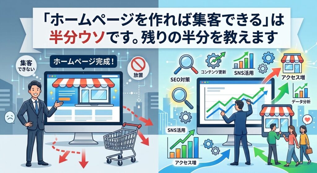 「ホームページを作れば集客できる」は半分ウソという見出しを掲げ、ホームページ制作後に放置して集客できない左側の状況と、SEO対策やSNS活用でアクセスを増やして集客に成功している右側の状況を対比させたイラスト