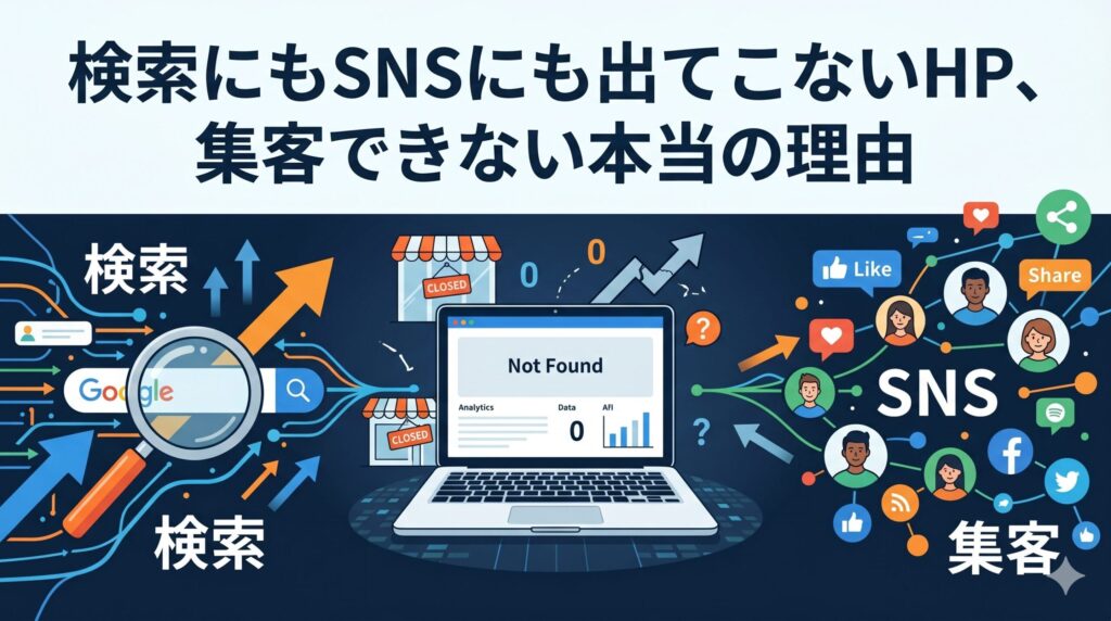 「検索にもSNSにも出てこないHP、集客できない本当の理由」というテキストと、検索エンジンやSNSの活発なネットワークから完全に孤立し、データが「0」になっているパソコン画面のイラスト