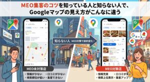 MEO対策の有無によるGoogleマップの見え方と集客の差を比較したイラストさり。左側は情報や口コミが少なく集客に悩む未対策の様子、右側は写真や口コミが充実し集客に成功している対策済みの様子を描いています