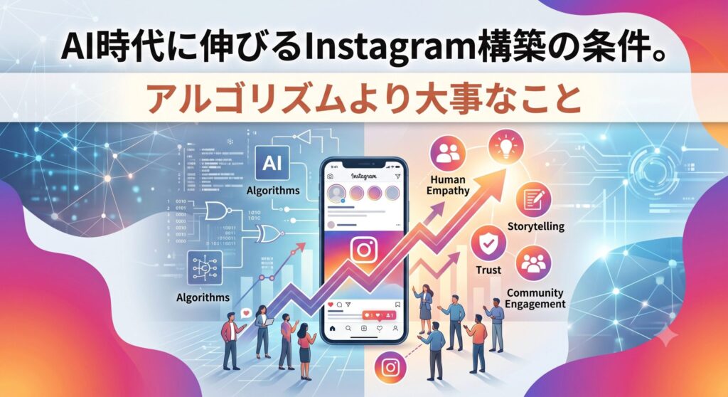 「AI時代に伸びるInstagram構築の条件。アルゴリズムより大事なこと」のタイトル文字と、AIやアルゴリズムを表すデジタルな左側、人間の共感や信頼を表す暖色系の右側を対比させ、Instagramの成長を示す右肩上がりの矢印が描かれたアイキャッチ画像。