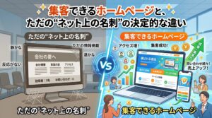 ブログアイキャッチ画像：「集客できるホームページと、ただの"ネット上の名刺"の決定的な違い」というタイトルで、非アクティブな古いPCと、成果が上がる活気あるラップトップとスマホを対比させたイラスト。左右に『ただの"ネット上の名刺"』と『集客できるホームページ』のラベル付き。