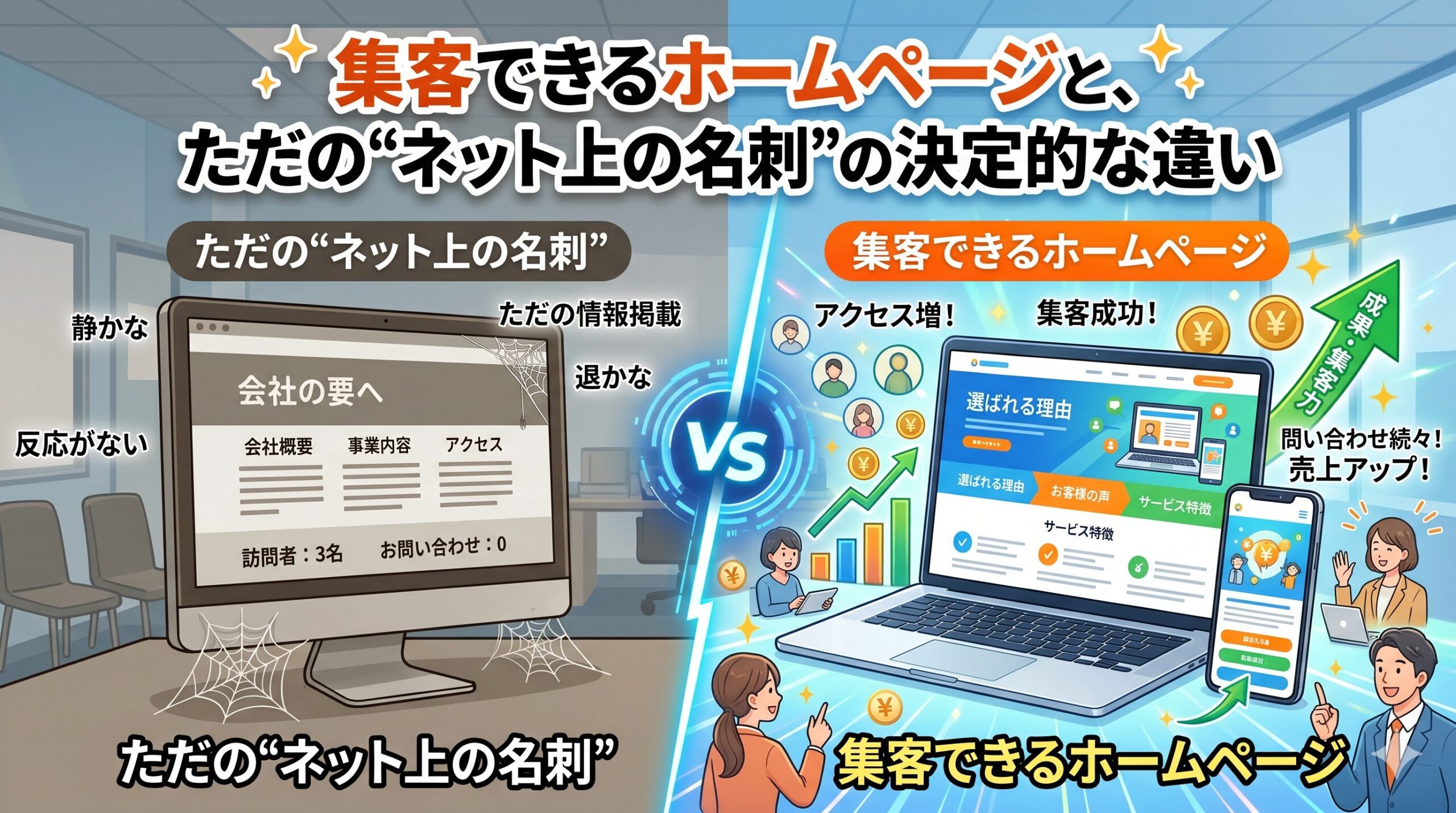 ブログアイキャッチ画像：「集客できるホームページと、ただの"ネット上の名刺"の決定的な違い」というタイトルで、非アクティブな古いPCと、成果が上がる活気あるラップトップとスマホを対比させたイラスト。左右に『ただの"ネット上の名刺"』と『集客できるホームページ』のラベル付き。