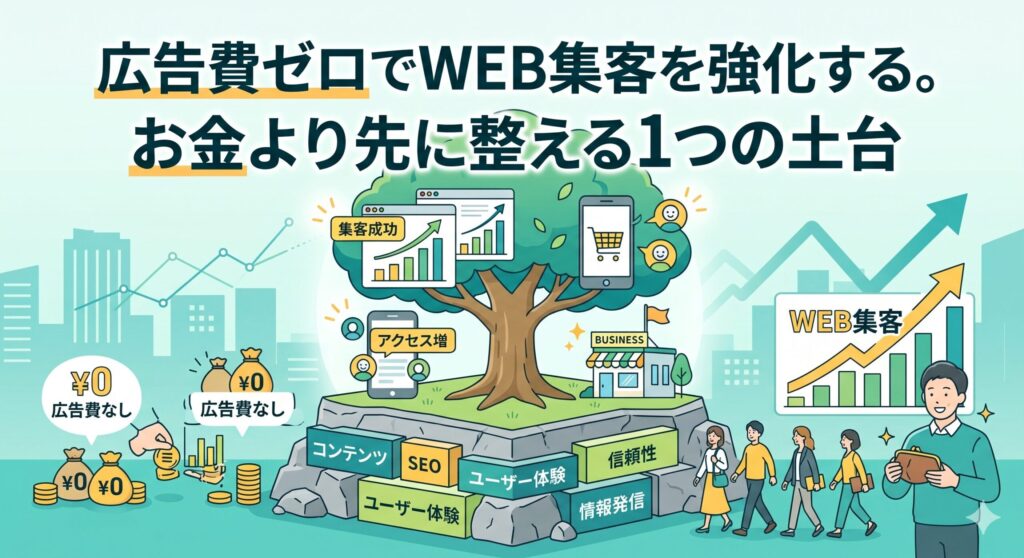 広告費ゼロでWEB集客を強化するための土台（コンテンツ、SEO、信頼性など）から成果という木が育つイラスト。「広告費ゼロでWEB集客を強化する。お金より先に整える1つの土台」のアイキャッチ画像。