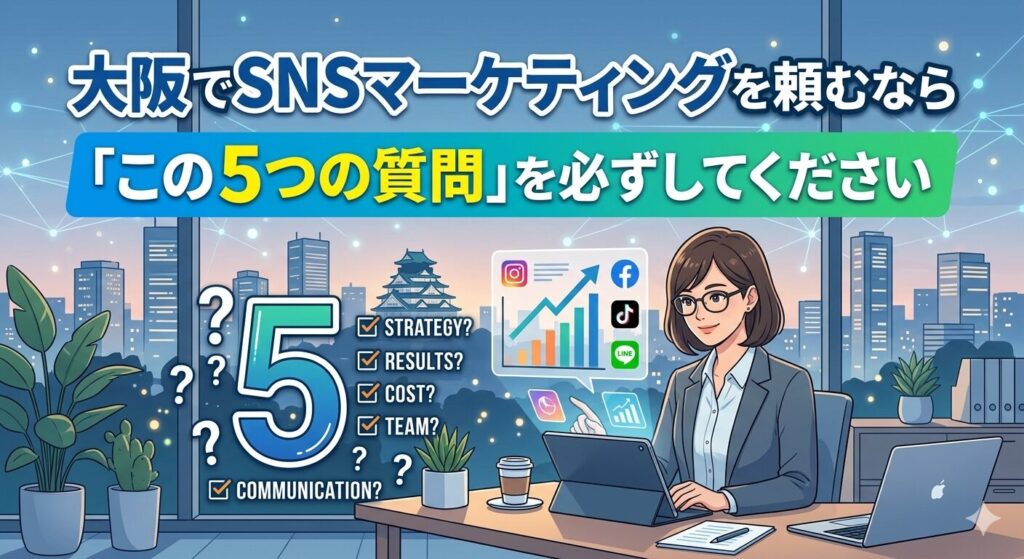「大阪でSNSマーケティングを頼むなら『この5つの質問』を必ずしてください」という大きな見出しのアイキャッチ画像。大阪の夕暮れの街並み（大阪城と高層ビル群）を背景に、眼鏡をかけた女性ビジネスパーソンがタブレットを使い、浮いているSNSアイコン（Instagram、Facebook、TikTok、LINE）と成長グラフ、そして疑問符が浮かぶチェックリスト形式の5つの質問（STRATEGY?, RESULTS?, COST?, TEAM?, COMMUNICATION?）を見ているイラスト。