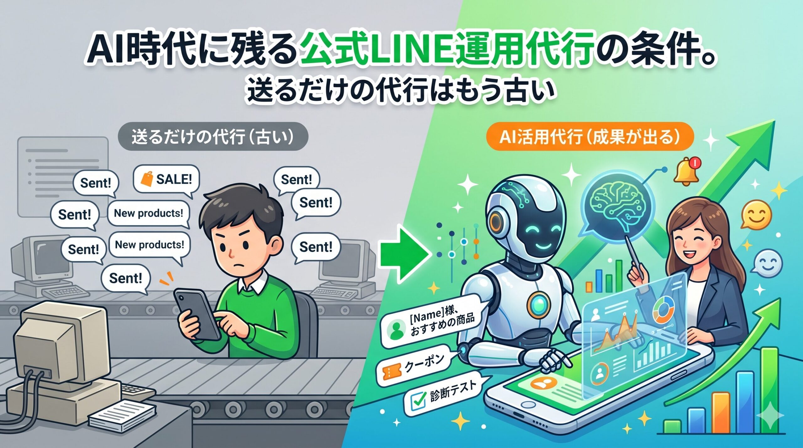 「AI時代に残る公式LINE運用代行の条件。送るだけの代行はもう古い」のアイキャッチ画像。単調な一斉送信を繰り返す古い代行と、AIを活用してデータ分析やパーソナライズ配信を行い成果を上げる新しい代行の対比を描いたイラストです。