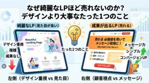 「なぜ綺麗なLPほど売れないのか？デザインより大事なたった1つのこと」のアイキャッチ画像。デザイン重視で成果が出ないLP（左）と、メッセージ重視でコンバージョンが上がる売れるLP（右）の比較図。