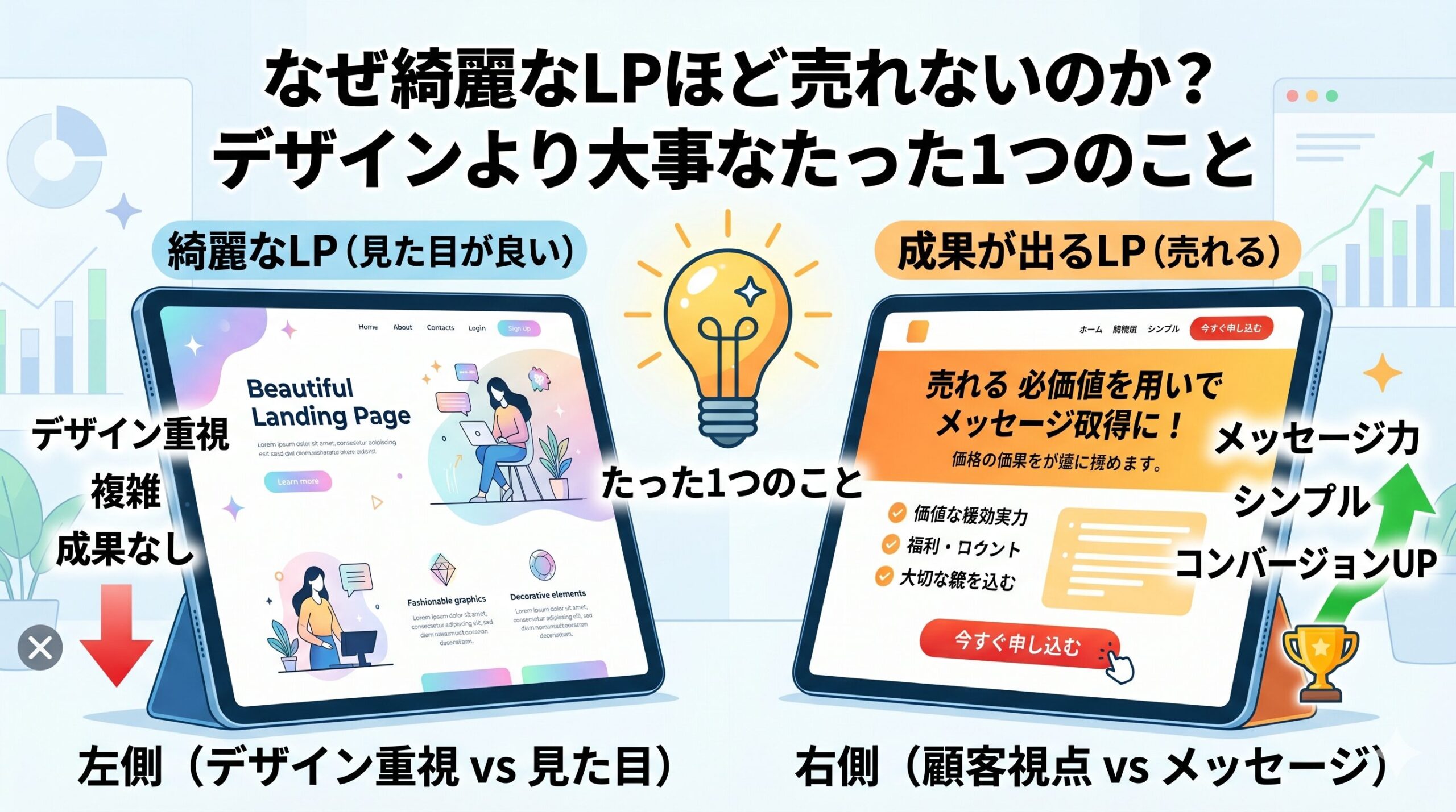 「なぜ綺麗なLPほど売れないのか？デザインより大事なたった1つのこと」のアイキャッチ画像。デザイン重視で成果が出ないLP（左）と、メッセージ重視でコンバージョンが上がる売れるLP（右）の比較図。