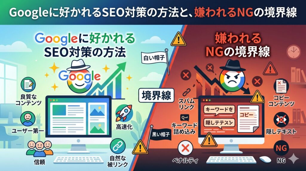 「Googleに好かれるSEO対策の方法と、嫌われるNGの境界線」のテキストと、正しいSEO（ホワイトハット）とペナルティを受けるNGなSEO（ブラックハット）の具体例を左右で対比させた図解イラスト
